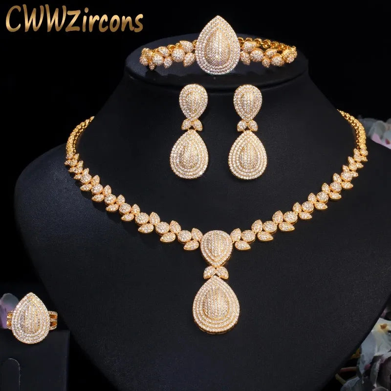 CWWZircons Luxury 4pcs Bridal Wedding Banquet Jewelry Set African Dubai Gold Color CZ Women Party Costume Accessories T416